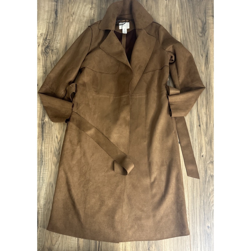 H&M Faux Suede Oversized Jacket Womens XS Tan Longline Coat Belted Pockets
